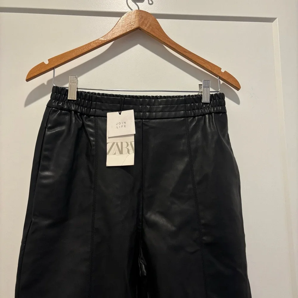 Zara NWT Women Faux Leather Jogger Pants Black Elastic Waist Drawstring Small - Picture 2 of 10